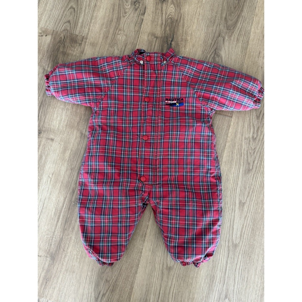 VTG Nautica Red Plaid Snowsuit Baby Bunting Size 12-18 Months 80s 90s Zip Snap - Picture 1 of 5